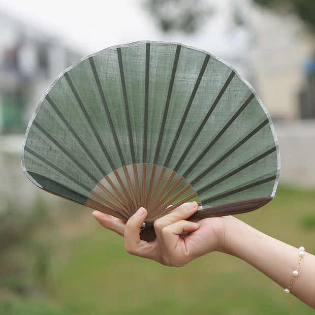 Buddha Stones Retro Solid Color Shell Shape Handheld Bamboo Folding Fan Folding Fan BS Green 22cm