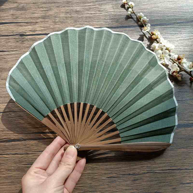 Buddha Stones Retro Solid Color Shell Shape Handheld Bamboo Folding Fan Folding Fan BS 2