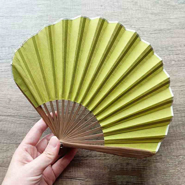 Buddha Stones Retro Solid Color Shell Shape Handheld Bamboo Folding Fan Folding Fan BS GreenYellow 22cm