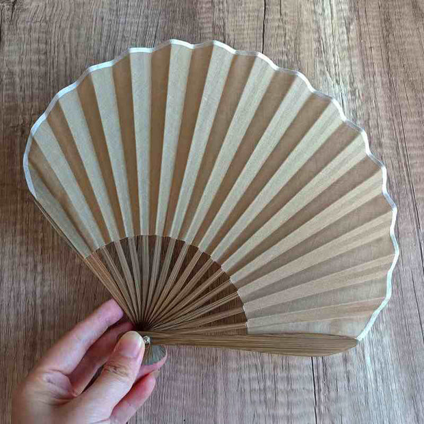 Buddha Stones Retro Solid Color Shell Shape Handheld Bamboo Folding Fan Folding Fan BS Wheat 22cm