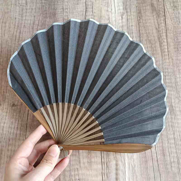 Buddha Stones Retro Solid Color Shell Shape Handheld Bamboo Folding Fan Folding Fan BS DimGray 22cm