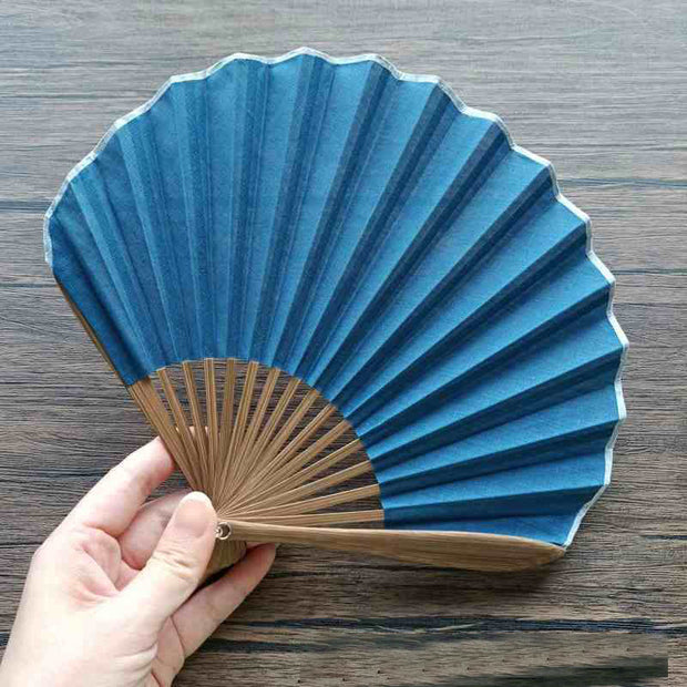 Buddha Stones Retro Solid Color Shell Shape Handheld Bamboo Folding Fan Folding Fan BS DodgerBlue 22cm