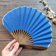 Buddha Stones Retro Solid Color Shell Shape Handheld Bamboo Folding Fan Folding Fan BS Blue 22cm