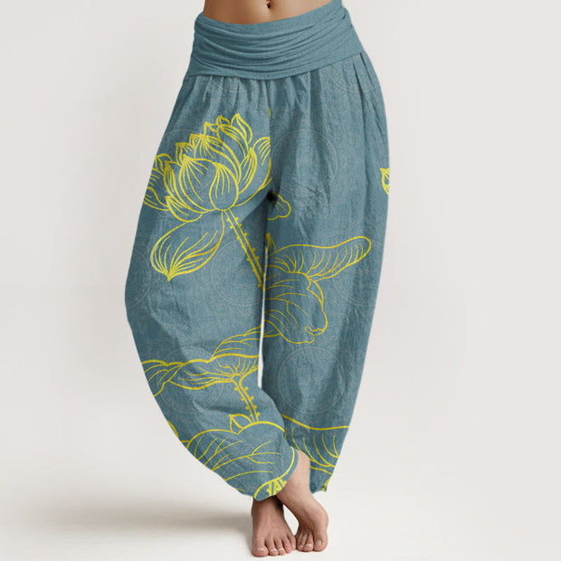 Buddha Stones Golden Lotus Mandala Pattern Women's Elastic Waist Harem Pants Women's Harem Pants BS CadetBlue US22，UK/AU26，EU54 (6XL)