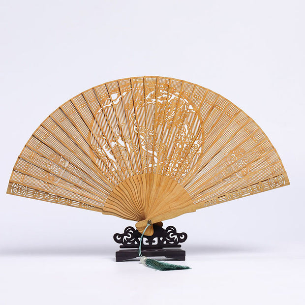 Buddha Stones Auspicious Clouds Crane Peacock Chang'e Moon Engraved Pattern Handheld Green Sandalwood Folding Fan Folding Fan BS Green Sandalwood Crane Engraving 23cm(With Gift Box+Stand)