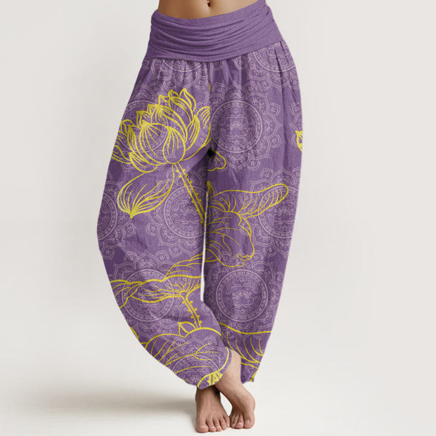 Buddha Stones Golden Lotus Mandala Pattern Women's Elastic Waist Harem Pants Women's Harem Pants BS MediumOrchid US22，UK/AU26，EU54 (6XL)