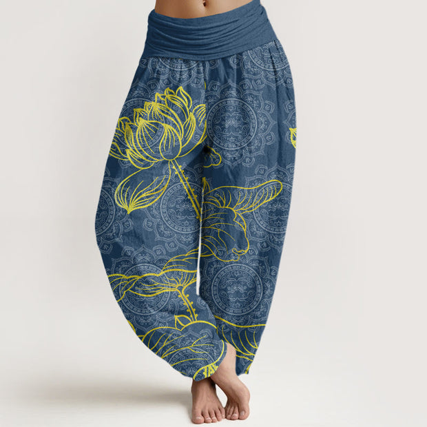 Buddha Stones Golden Lotus Mandala Pattern Women's Elastic Waist Harem Pants Women's Harem Pants BS SteelBlue US22，UK/AU26，EU54 (6XL)