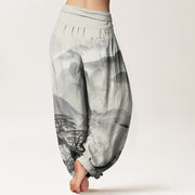 Buddha Stones Mountains Trees Landscape Ink Painting Women's Elastic Waist Harem Pants Women's Harem Pants BS 2