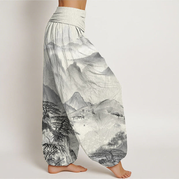 Buddha Stones Mountains Trees Landscape Ink Painting Women's Elastic Waist Harem Pants Women's Harem Pants BS 1