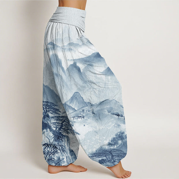 Buddha Stones Mountains Trees Landscape Ink Painting Women's Elastic Waist Harem Pants Women's Harem Pants BS 5