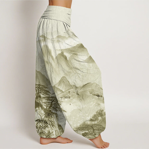 Buddha Stones Mountains Trees Landscape Ink Painting Women's Elastic Waist Harem Pants Women's Harem Pants BS 8