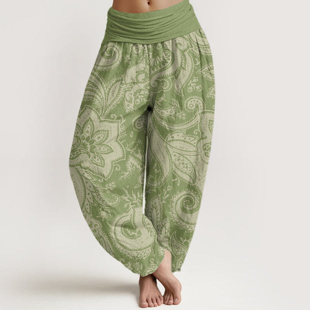 Buddha Stones Flowers Paisley Patterns Women's Elastic Waist Harem Pants Women's Harem Pants BS OliveDrab US22，UK/AU26，EU54 (6XL)