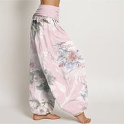 Buddha Stones Flowers White Leaves Women's Elastic Waist Harem Pants Women's Harem Pants BS 1