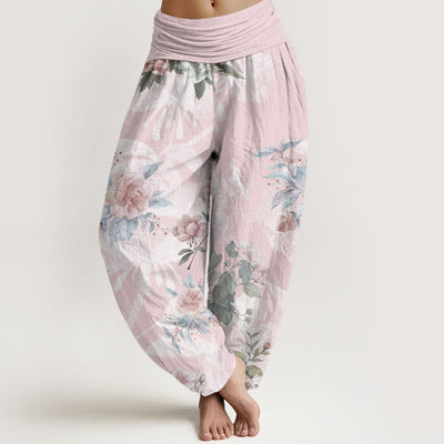 Buddha Stones Flowers White Leaves Women's Elastic Waist Harem Pants Women's Harem Pants BS LavenderBlush US22，UK/AU26，EU54 (6XL)