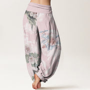 Buddha Stones Flowers White Leaves Women's Elastic Waist Harem Pants Women's Harem Pants BS 2