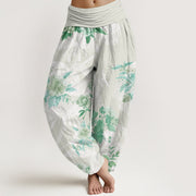 Buddha Stones Flowers White Leaves Women's Elastic Waist Harem Pants Women's Harem Pants BS Honeydew US22，UK/AU26，EU54 (6XL)