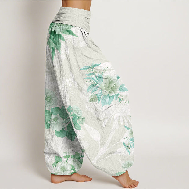 Buddha Stones Flowers White Leaves Women's Elastic Waist Harem Pants Women's Harem Pants BS 5