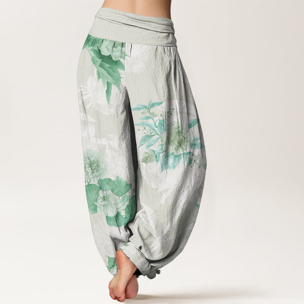 Buddha Stones Flowers White Leaves Women's Elastic Waist Harem Pants Women's Harem Pants BS 6