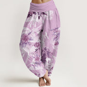 Buddha Stones Flowers White Leaves Women's Elastic Waist Harem Pants Women's Harem Pants BS Plum US22，UK/AU26，EU54 (6XL)