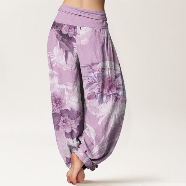 Buddha Stones Flowers White Leaves Women's Elastic Waist Harem Pants Women's Harem Pants BS 9