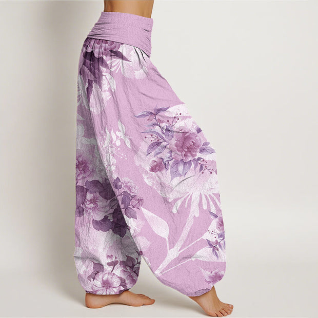 Buddha Stones Flowers White Leaves Women's Elastic Waist Harem Pants Women's Harem Pants BS 8