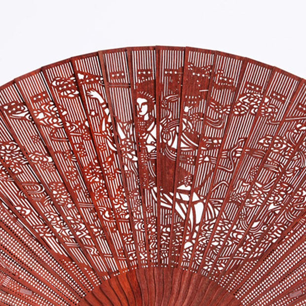 Buddha Stones Crane Peacock Chang'e Moon Engraved Pattern Handheld Small Leaf Red Sandalwood Folding Fan Folding Fan BS 1