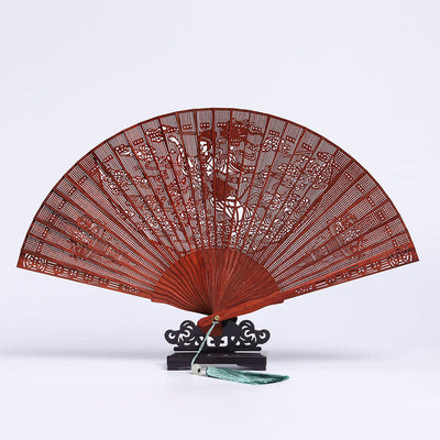 Buddha Stones Crane Peacock Chang'e Moon Engraved Pattern Handheld Small Leaf Red Sandalwood Folding Fan Folding Fan BS Small Leaf Red Sandalwood Chang'e Moon 22.5cm(With Gift Box+Stand)