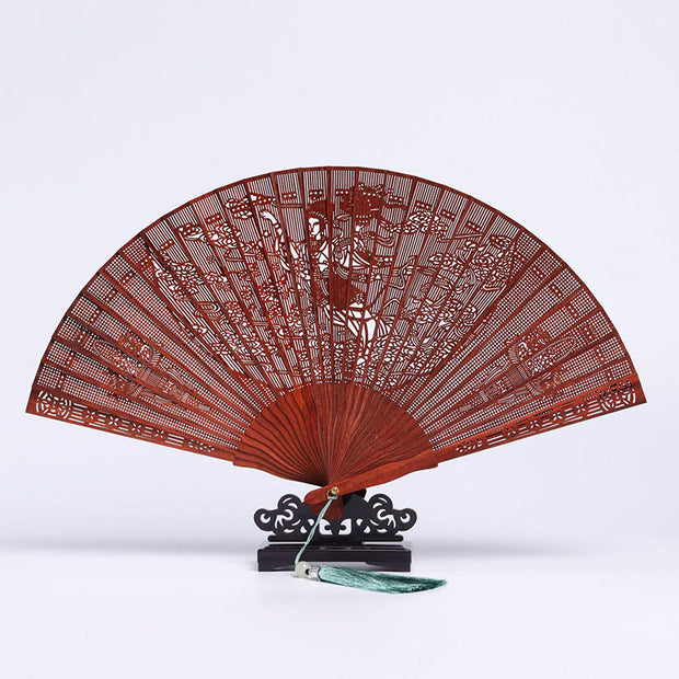 Buddha Stones Crane Peacock Chang'e Moon Engraved Pattern Handheld Small Leaf Red Sandalwood Folding Fan (Extra 30% Off | USE CODE: FS30) - Small Leaf Red Sandalwood Chang'e Moon 22.5cm(With Gift Box+Stand) - image 0