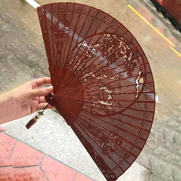 Buddha Stones Crane Peacock Chang'e Moon Engraved Pattern Handheld Small Leaf Red Sandalwood Folding Fan (Extra 30% Off | USE CODE: FS30) - Small Leaf Red Sandalwood Crane 22.5cm(With Gift Box+Stand) - image 3