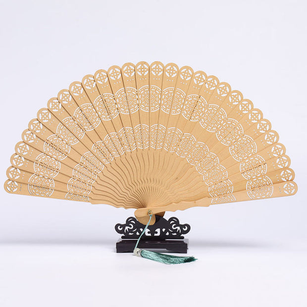 Buddha Stones Retro Chang'e Moon Crane Peacock Hollow Engraved Pattern Handheld Thuja Sutchuenensis Wood Folding Fan Folding Fan BS Thuja Sutchuenensis Wood Circle 23cm(With Gift Box+Stand)