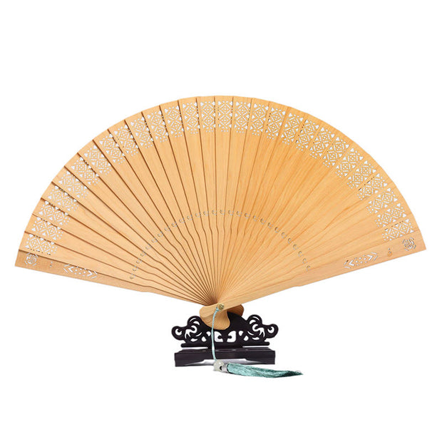 Buddha Stones Retro Chang'e Moon Crane Peacock Hollow Engraved Pattern Handheld Thuja Sutchuenensis Wood Folding Fan Folding Fan BS 9