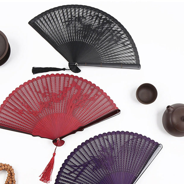 Buddha Stones Retro Bamboo Hollow Engraving Handheld Bamboo Folding Fan Folding Fan BS 1