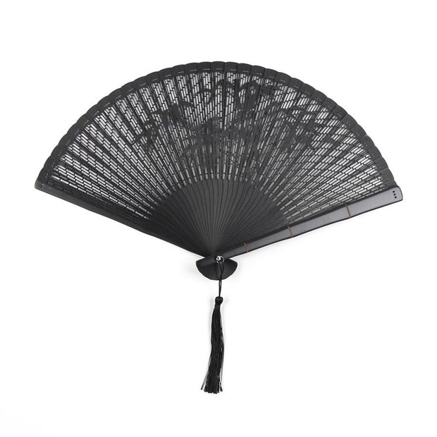 Buddha Stones Retro Bamboo Hollow Engraving Handheld Bamboo Folding Fan Folding Fan BS Black Bamboo 20cm