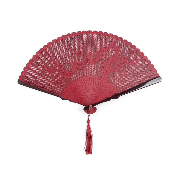 Buddha Stones Retro Bamboo Hollow Engraving Handheld Bamboo Folding Fan Folding Fan BS Red Flowers 20cm