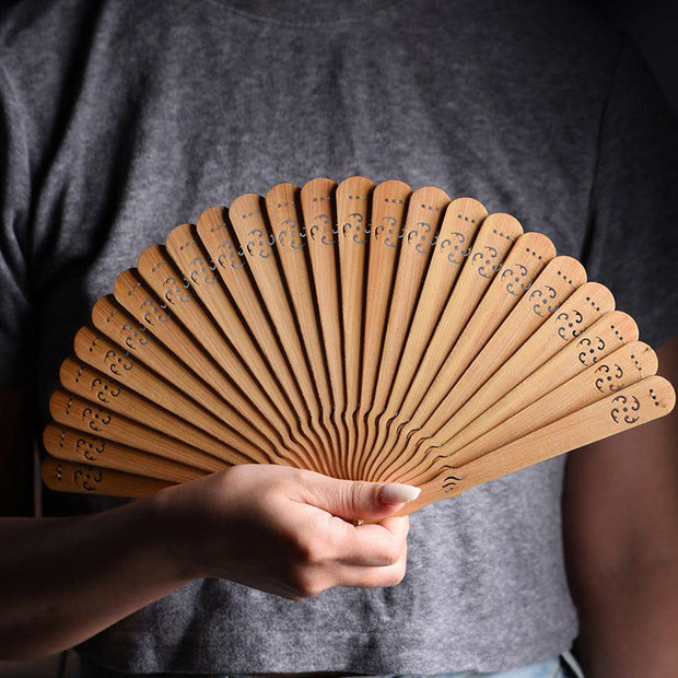 Buddha Stones Auspicious Clouds Fu Engraving Pattern Handheld Thuja Sutchuenensis Wood Folding Fan Folding Fan BS 6