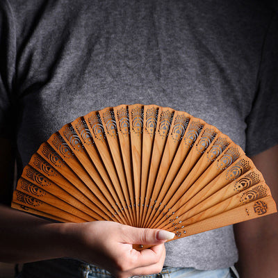 Buddha Stones Auspicious Clouds Fu Engraving Pattern Handheld Thuja Sutchuenensis Wood Folding Fan Folding Fan BS Thuja Sutchuenensis Wood Fu 18cm