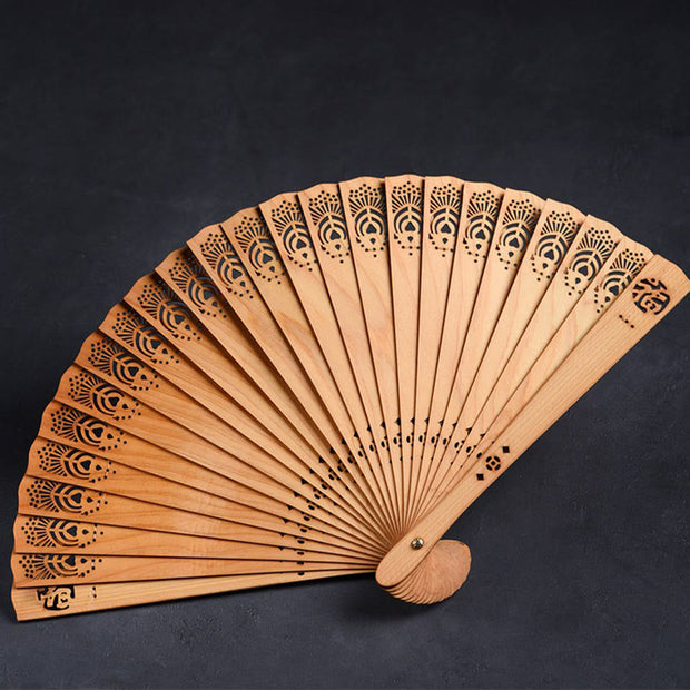 Buddha Stones Auspicious Clouds Fu Engraving Pattern Handheld Thuja Sutchuenensis Wood Folding Fan Folding Fan BS 2