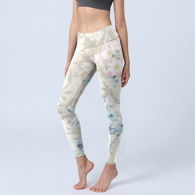 Buddha Stones Cherry Blossom Butterflies Print Gym Leggings Women's Yoga Pants - Beige - US18，UK/AU22，EU50 (4XL) - image 1