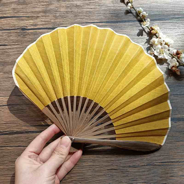 Buddha Stones Retro Solid Color Shell Shape Handheld Bamboo Folding Fan Folding Fan BS Gold 22cm