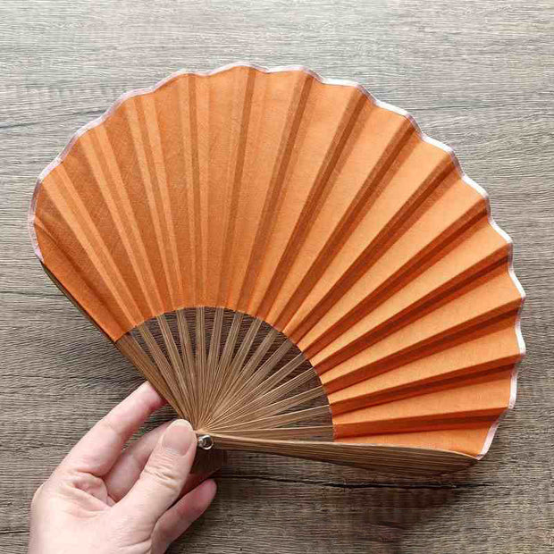 Buddha Stones Retro Solid Color Shell Shape Handheld Bamboo Folding Fan Folding Fan BS DarkOrange 22cm