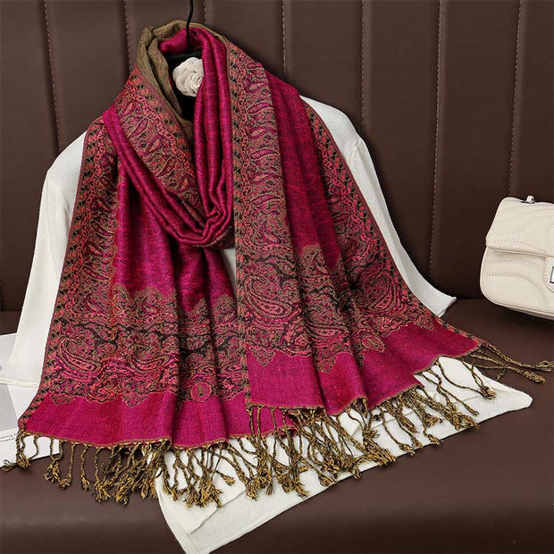 Buddha Stones Tibetan Cashew Jacquard Colorful Flower Print Tassels Shawl Fall Winter Soft Warm Scarf Wrap Tibetan Shawl BS DeepPink 190*70cm