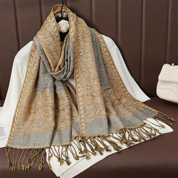 Buddha Stones Tibetan Cashew Jacquard Colorful Flower Print Tassels Shawl Fall Winter Soft Warm Scarf Wrap Tibetan Shawl BS Gold 190*70cm