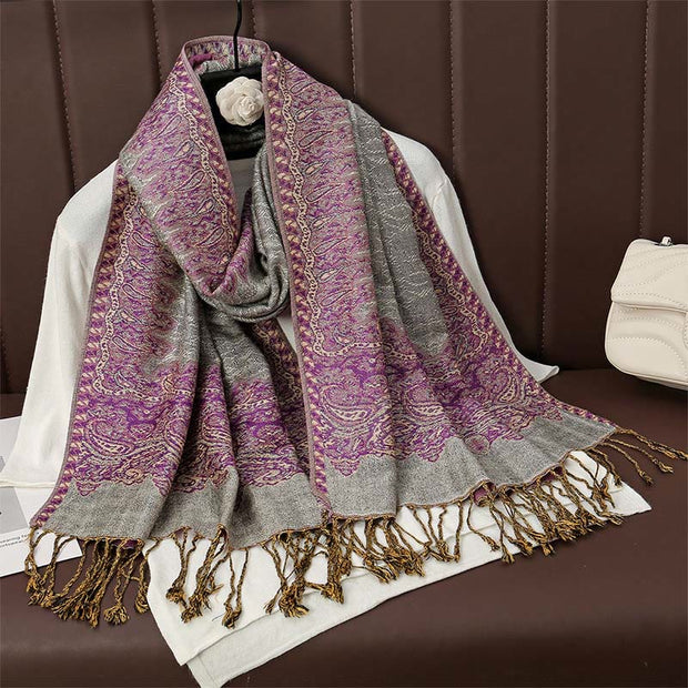 Buddha Stones Tibetan Cashew Jacquard Colorful Flower Print Tassels Shawl Fall Winter Soft Warm Scarf Wrap Tibetan Shawl BS Orchid 190*70cm