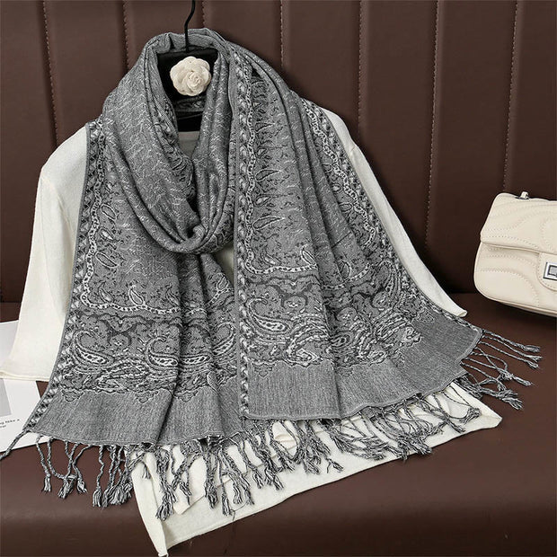 Buddha Stones Tibetan Cashew Jacquard Colorful Flower Print Tassels Shawl Fall Winter Soft Warm Scarf Wrap Tibetan Shawl BS DarkGray 190*70cm