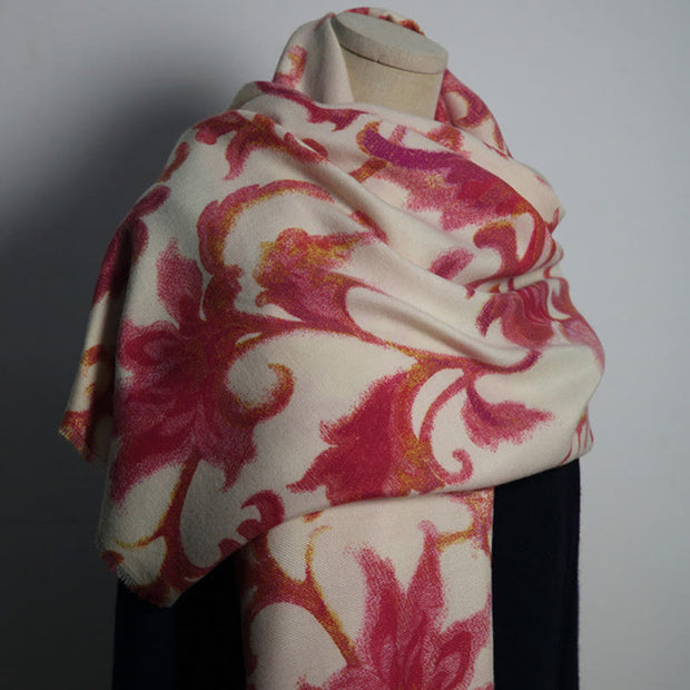 Buddha Stones Tibetan Red Flower Print Shawl Fall Winter Soft Warm Scarf Wrap Tibetan Shawl BS Beige Red 192*65cm