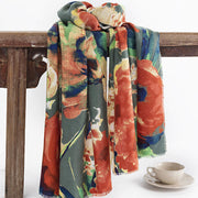 Buddha Stones Tibetan Chinese Retro Ink Painting Flower Print Shawl Fall Winter Cozy Warm Scarf Wrap Tibetan Shawl BS 3