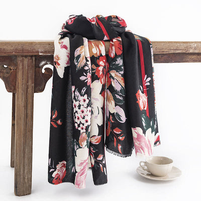 Buddha Stones Tibetan Blooming Rose Peony Flower Print Shawl Fall Winter Cozy Warm Scarf Wrap