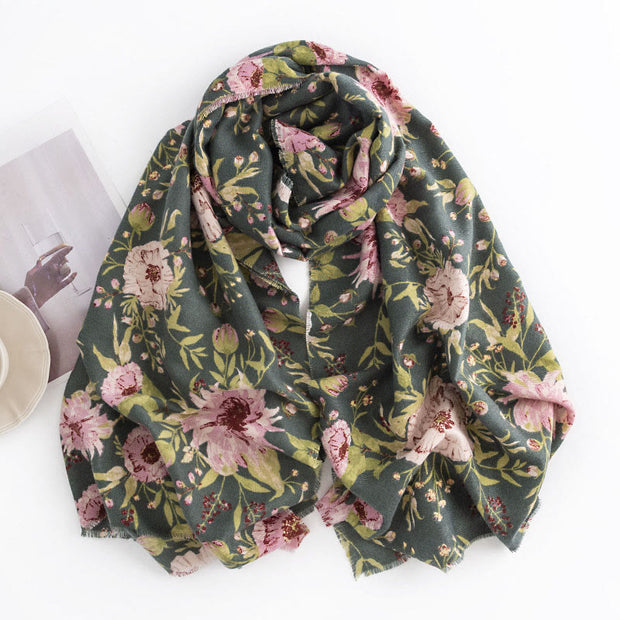 Buddha Stones Tibetan Shawl Blooming Flower Lush Leaves Print Fall Winter Soft Warm Scarf Wrap Tibetan Shawl BS 1