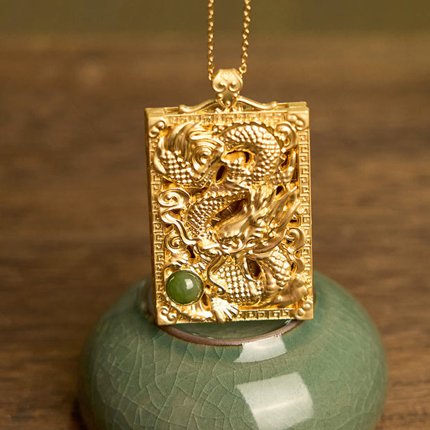 Buddha Stones Dragon Gold Plated Copper Hetian Jade Strength Necklace Pendant