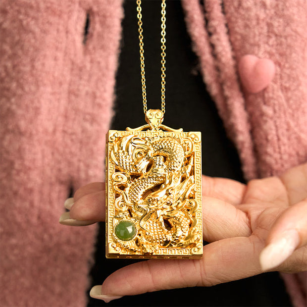 Buddha Stones Dragon Gold Plated Copper Hetian Jade Strength Necklace Pendant